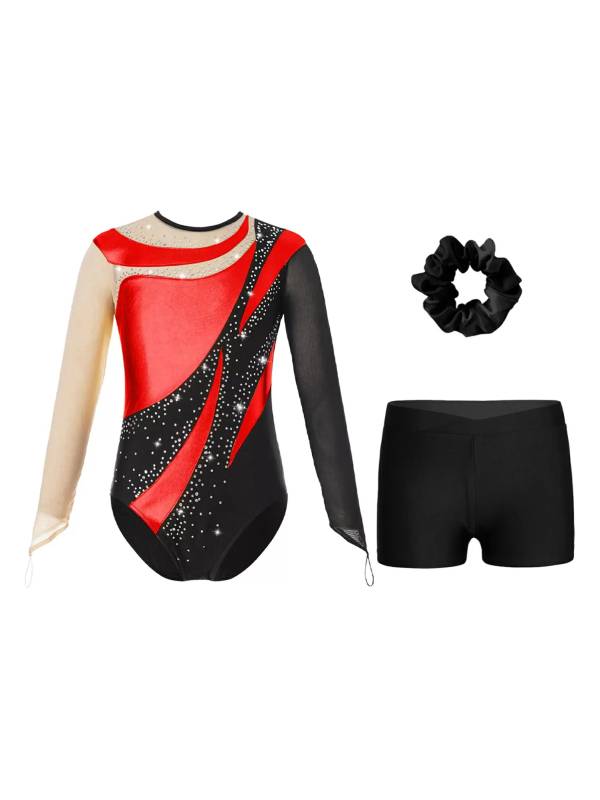 Kids Girls 3pcs Long Sleeve Leotard and Shorts Hairband Gymnastics Set thumb