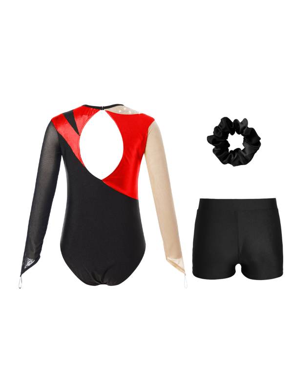 Kids Girls 3pcs Long Sleeve Leotard and Shorts Hairband Gymnastics Set thumb
