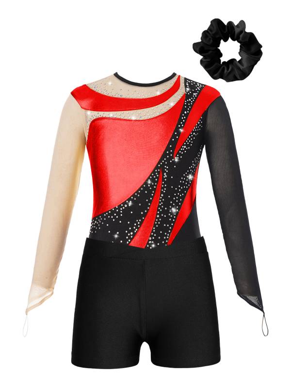 Kids Girls 3pcs Long Sleeve Leotard and Shorts Hairband Gymnastics Set thumb