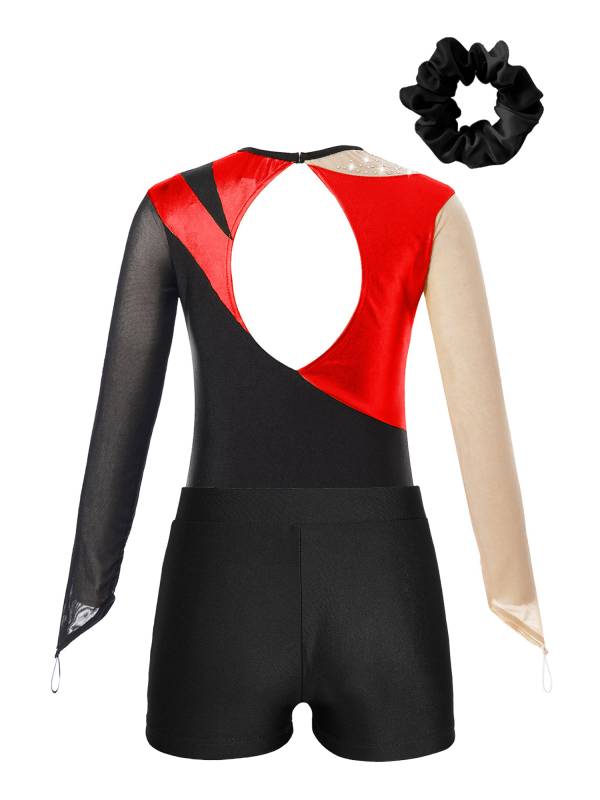 Kids Girls 3pcs Long Sleeve Leotard and Shorts Hairband Gymnastics Set thumb