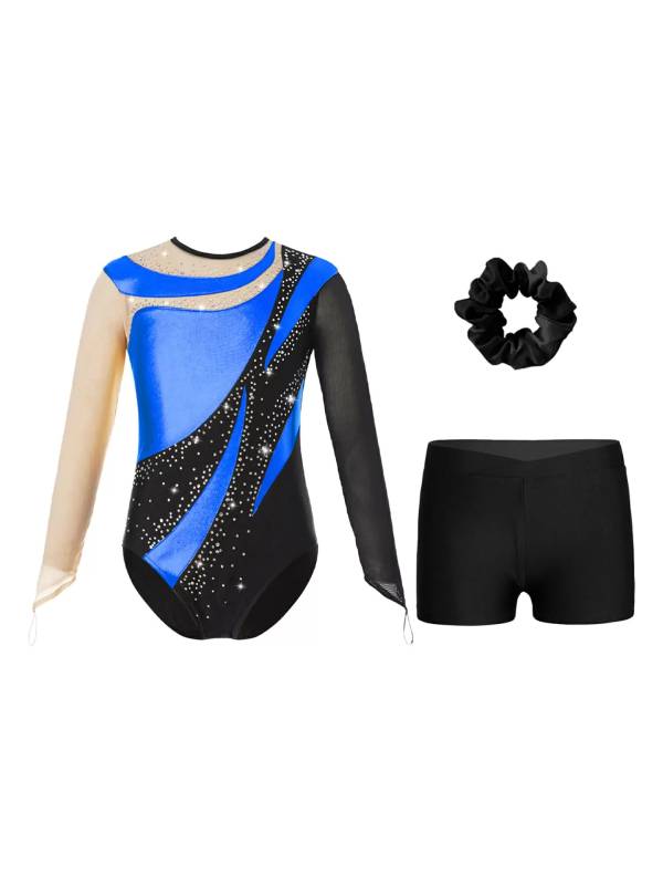 Kids Girls 3pcs Long Sleeve Leotard and Shorts Hairband Gymnastics Set thumb