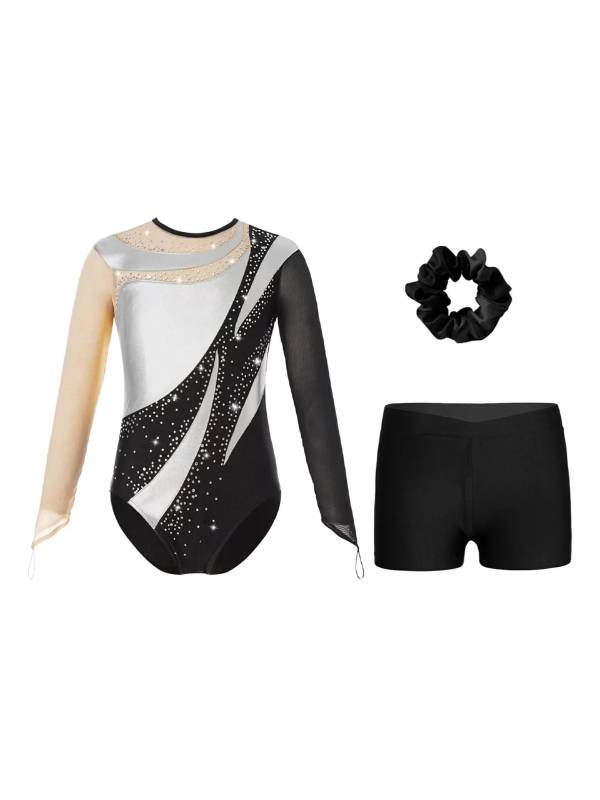 Kids Girls 3pcs Long Sleeve Leotard and Shorts Hairband Gymnastics Set thumb