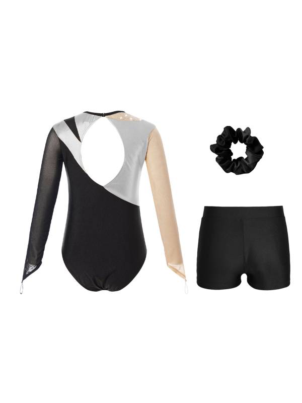Kids Girls 3pcs Long Sleeve Leotard and Shorts Hairband Gymnastics Set thumb