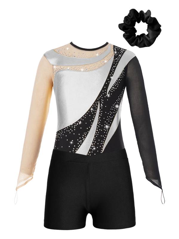 Kids Girls 3pcs Long Sleeve Leotard and Shorts Hairband Gymnastics Set thumb