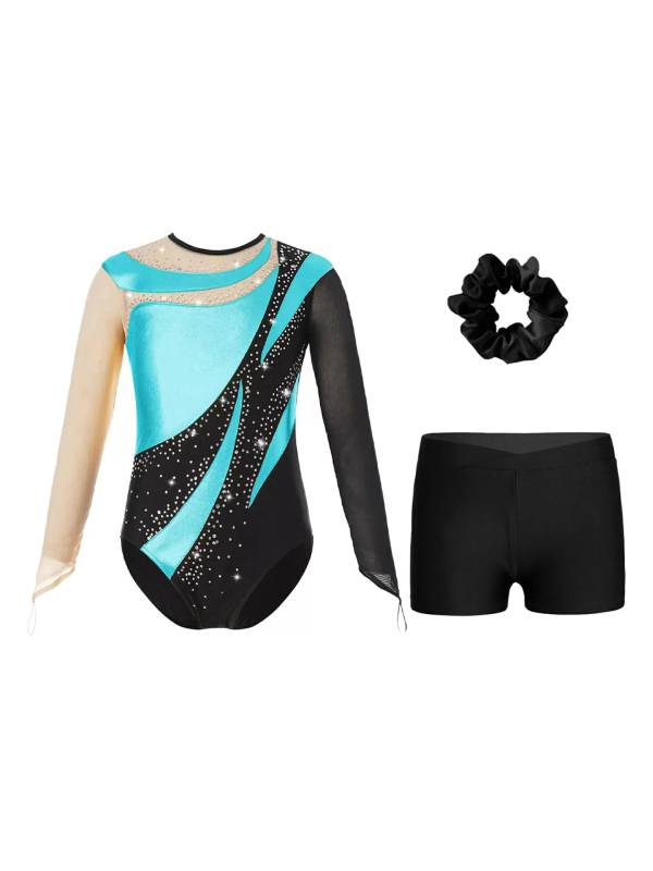 Kids Girls 3pcs Long Sleeve Leotard and Shorts Hairband Gymnastics Set thumb