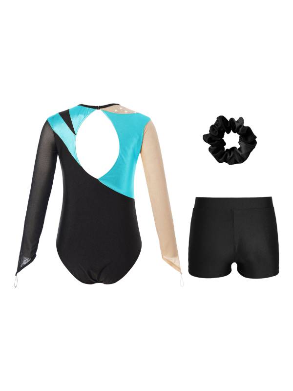 Kids Girls 3pcs Long Sleeve Leotard and Shorts Hairband Gymnastics Set thumb