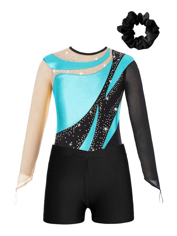 Kids Girls 3pcs Long Sleeve Leotard and Shorts Hairband Gymnastics Set thumb