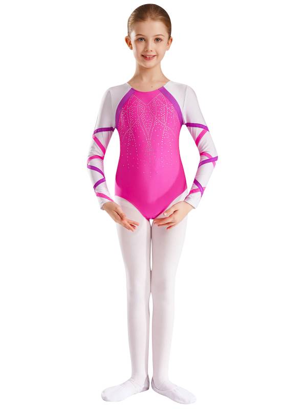 Kids Girls Long Sleeve Round Neck Glittery Rhinestones Gymnastics Leotard thumb
