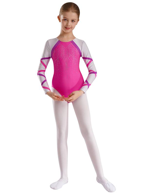 Kids Girls Long Sleeve Round Neck Glittery Rhinestones Gymnastics Leotard thumb
