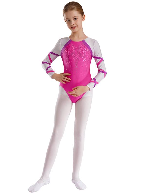 Kids Girls Long Sleeve Round Neck Glittery Rhinestones Gymnastics Leotard thumb