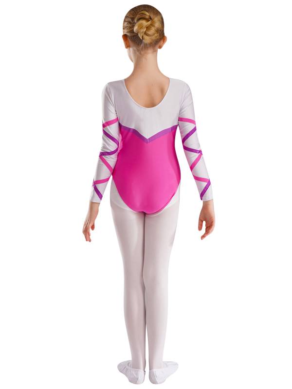 Kids Girls Long Sleeve Round Neck Glittery Rhinestones Gymnastics Leotard thumb