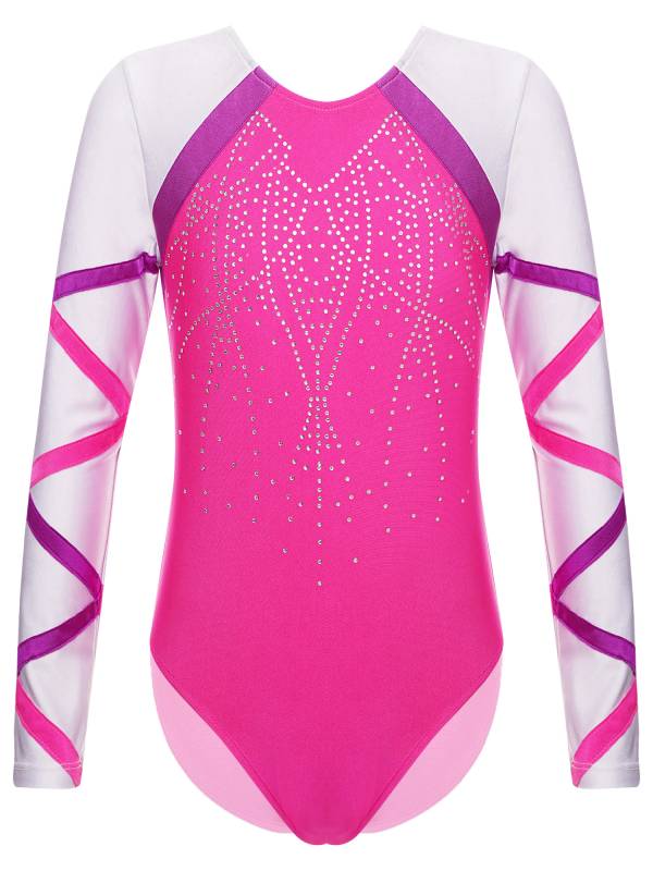 Kids Girls Long Sleeve Round Neck Glittery Rhinestones Gymnastics Leotard thumb