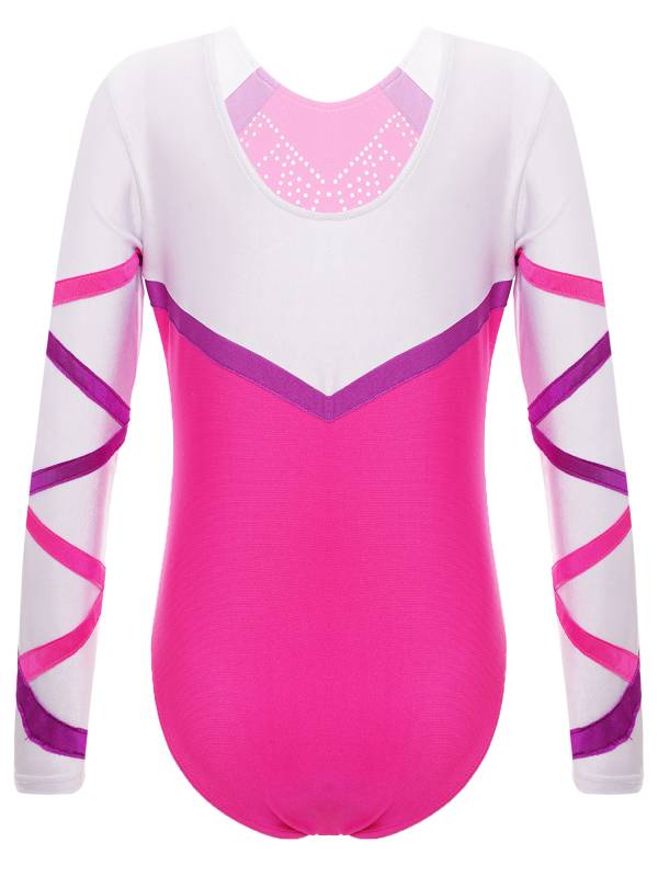 Kids Girls Long Sleeve Round Neck Glittery Rhinestones Gymnastics Leotard thumb
