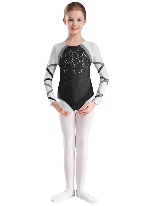 Kids Girls Long Sleeve Round Neck Glittery Rhinestones Gymnastics Leotard thumb