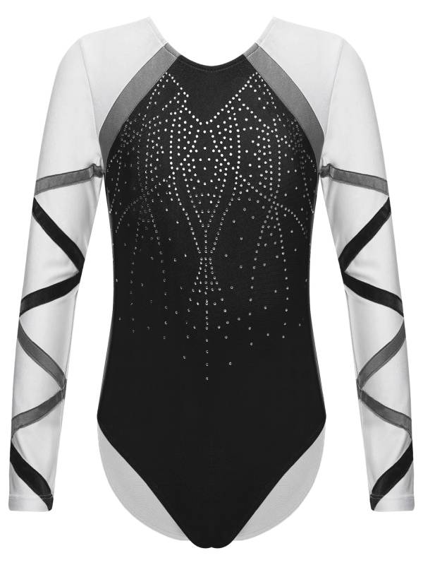 Kids Girls Long Sleeve Round Neck Glittery Rhinestones Gymnastics Leotard thumb