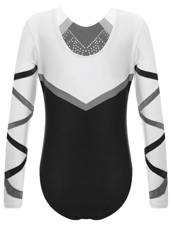 Kids Girls Long Sleeve Round Neck Glittery Rhinestones Gymnastics Leotard thumb