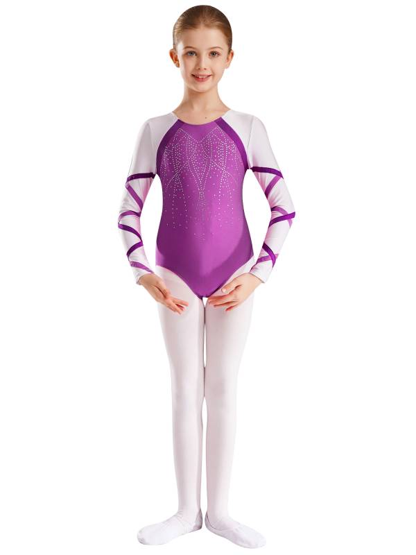 Kids Girls Long Sleeve Round Neck Glittery Rhinestones Gymnastics Leotard thumb