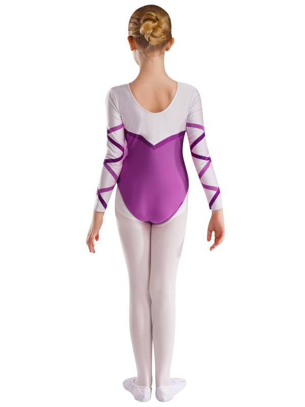 Kids Girls Long Sleeve Round Neck Glittery Rhinestones Gymnastics Leotard thumb