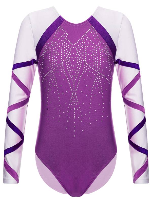Kids Girls Long Sleeve Round Neck Glittery Rhinestones Gymnastics Leotard thumb