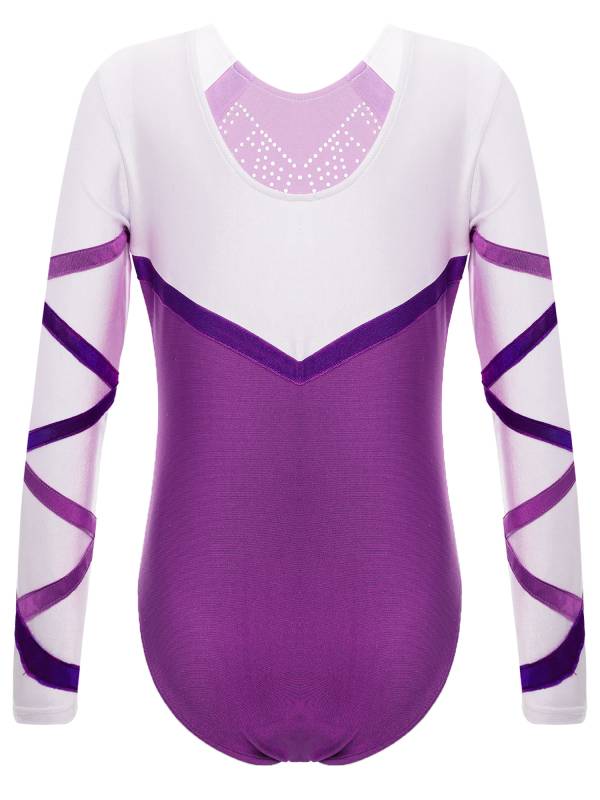 Kids Girls Long Sleeve Round Neck Glittery Rhinestones Gymnastics Leotard thumb