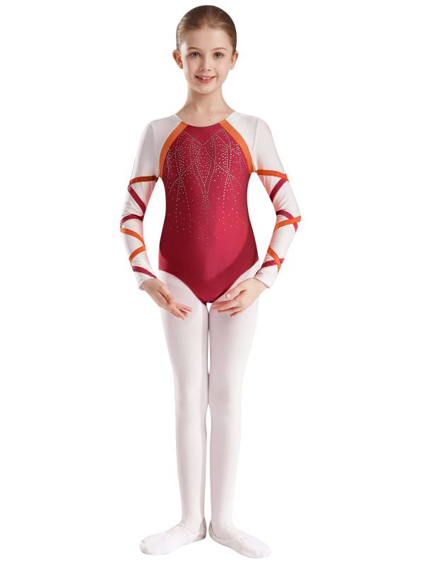 Kids Girls Long Sleeve Round Neck Glittery Rhinestones Gymnastics Leotard thumb