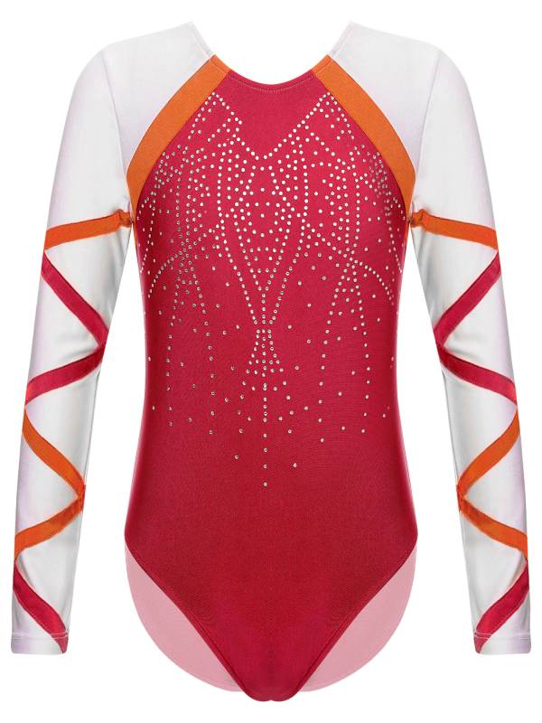 Kids Girls Long Sleeve Round Neck Glittery Rhinestones Gymnastics Leotard thumb