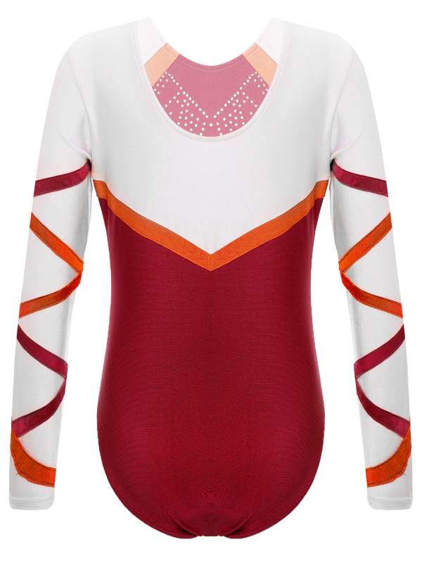 Kids Girls Long Sleeve Round Neck Glittery Rhinestones Gymnastics Leotard thumb