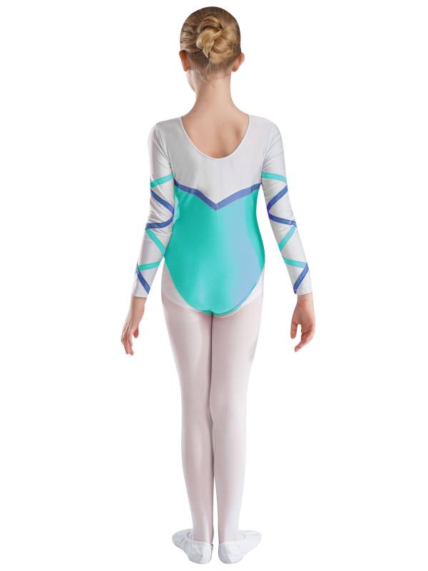 Kids Girls Long Sleeve Round Neck Glittery Rhinestones Gymnastics Leotard thumb