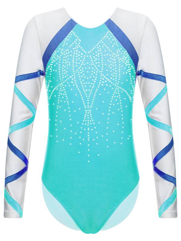 Kids Girls Long Sleeve Round Neck Glittery Rhinestones Gymnastics Leotard thumb