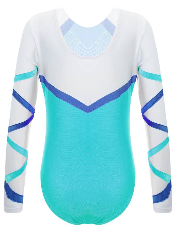 Kids Girls Long Sleeve Round Neck Glittery Rhinestones Gymnastics Leotard thumb
