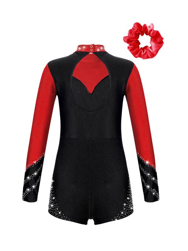 Kids Girls Long Sleeve Mock Neck Rhinestones Gymnastic Unitard with Headwear thumb