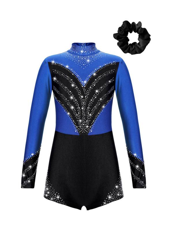 Kids Girls Long Sleeve Mock Neck Rhinestones Gymnastic Unitard with Headwear thumb