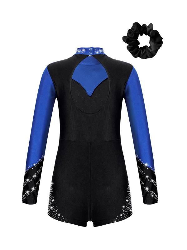 Kids Girls Long Sleeve Mock Neck Rhinestones Gymnastic Unitard with Headwear thumb