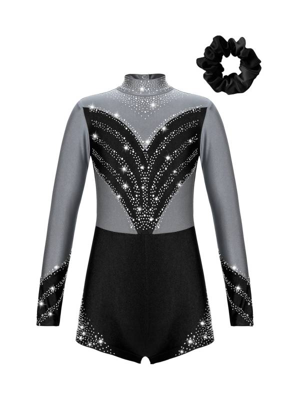 Kids Girls Long Sleeve Mock Neck Rhinestones Gymnastic Unitard with Headwear thumb