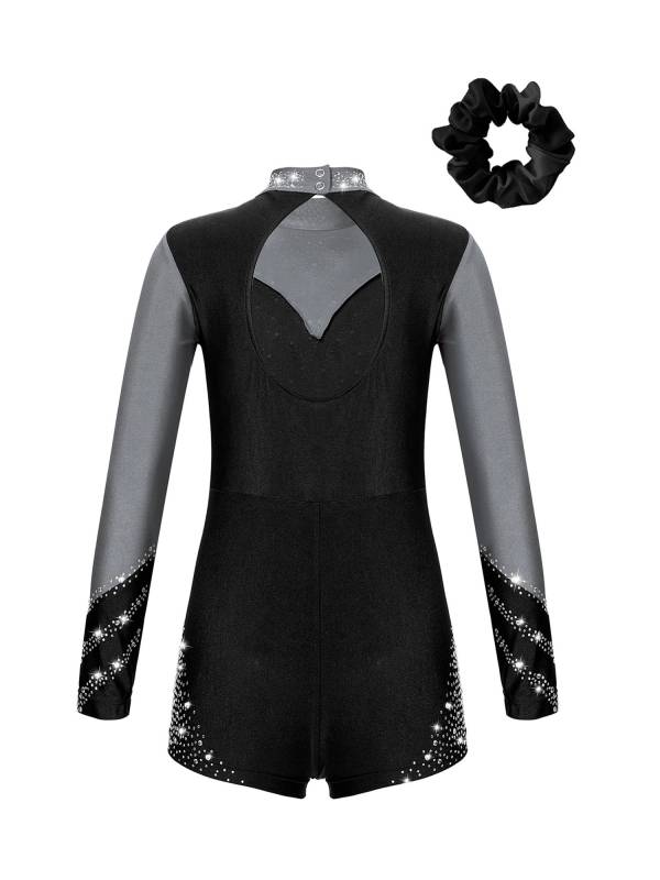 Kids Girls Long Sleeve Mock Neck Rhinestones Gymnastic Unitard with Headwear thumb