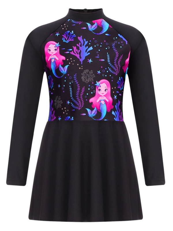 Kids Girls Long Sleeve Fish Scales Floral Print Swimsuit Dress thumb