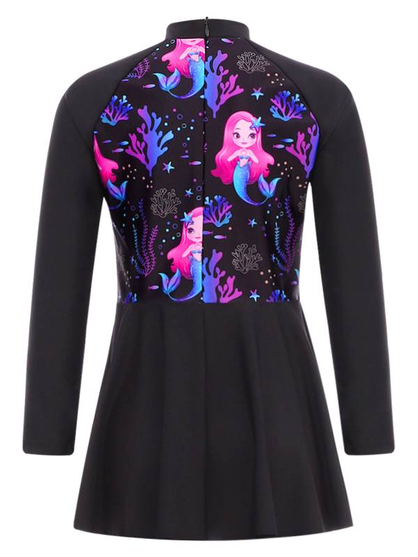 Kids Girls Long Sleeve Fish Scales Floral Print Swimsuit Dress thumb