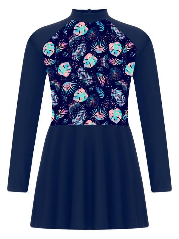 Kids Girls Long Sleeve Fish Scales Floral Print Swimsuit Dress thumb