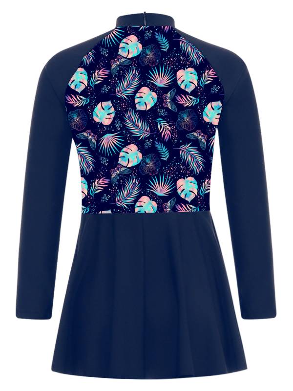 Kids Girls Long Sleeve Fish Scales Floral Print Swimsuit Dress thumb
