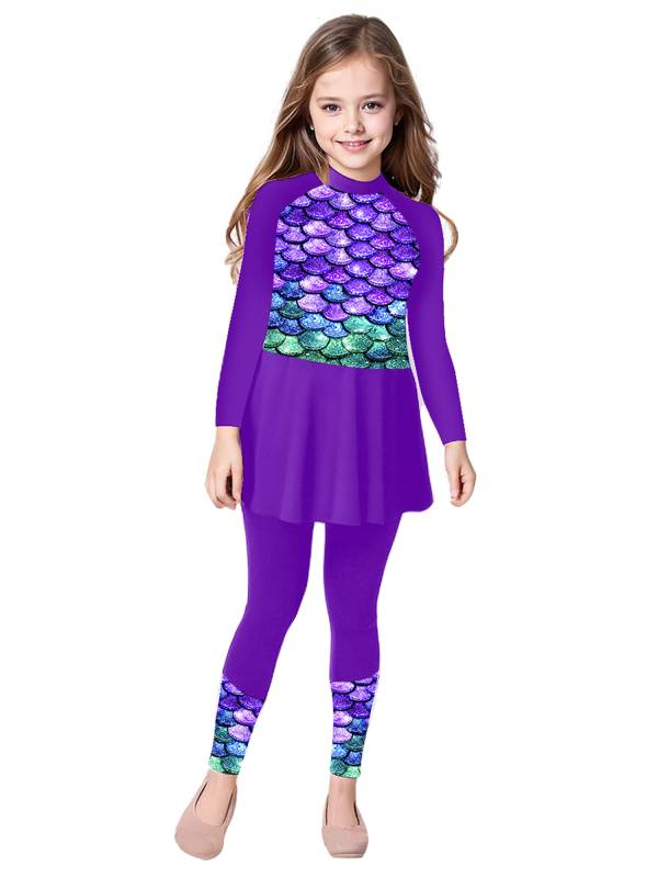Kids Girls Long Sleeve Fish Scales Floral Print Swimsuit Dress thumb