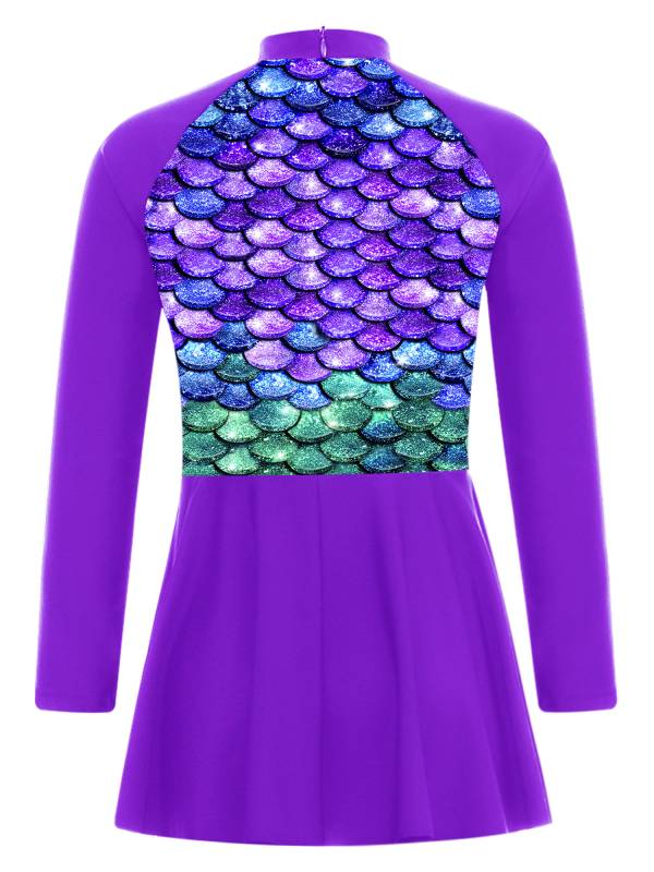 Kids Girls Long Sleeve Fish Scales Floral Print Swimsuit Dress thumb