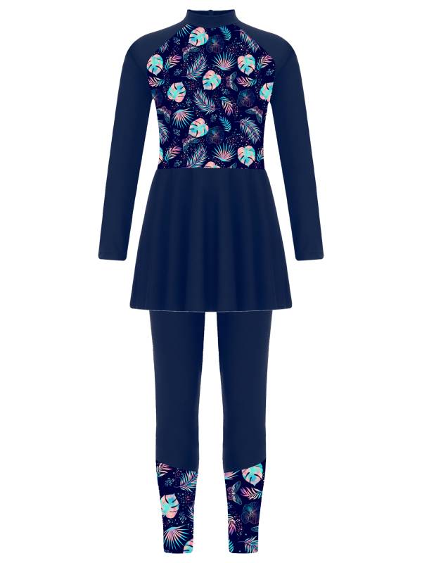 Kids Girls 2pcs Long Sleeve Swim Dress and Swim Pants Swimsuit Set thumb