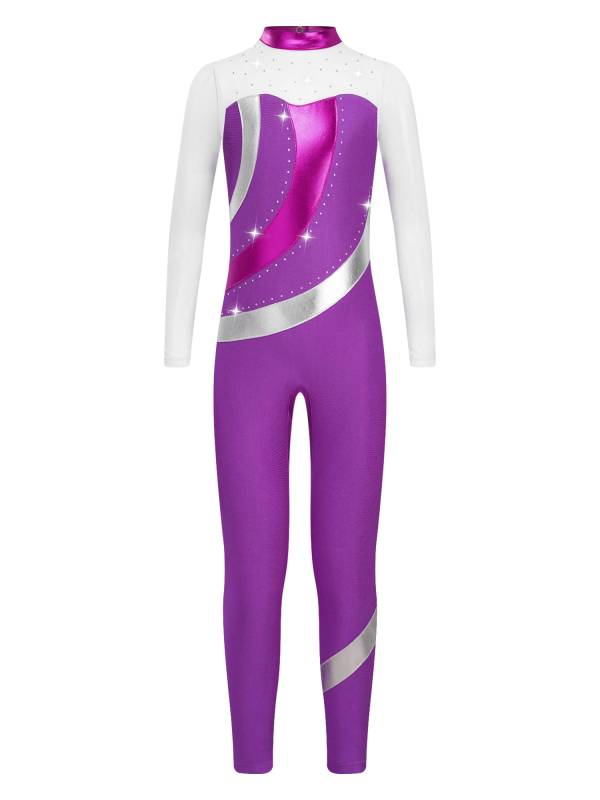 Kids Girls Long Sleeve Metallic Rhinestones Jumpsuit for Gymnastics Skating thumb