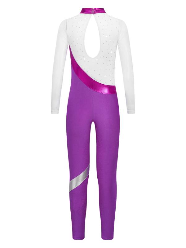 Kids Girls Long Sleeve Metallic Rhinestones Jumpsuit for Gymnastics Skating thumb