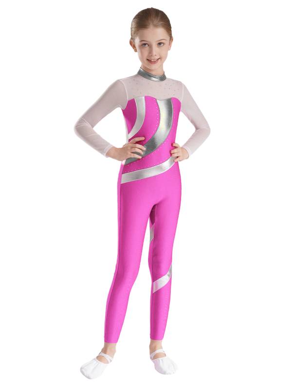 Kids Girls Long Sleeve Metallic Rhinestones Jumpsuit for Gymnastics Skating thumb