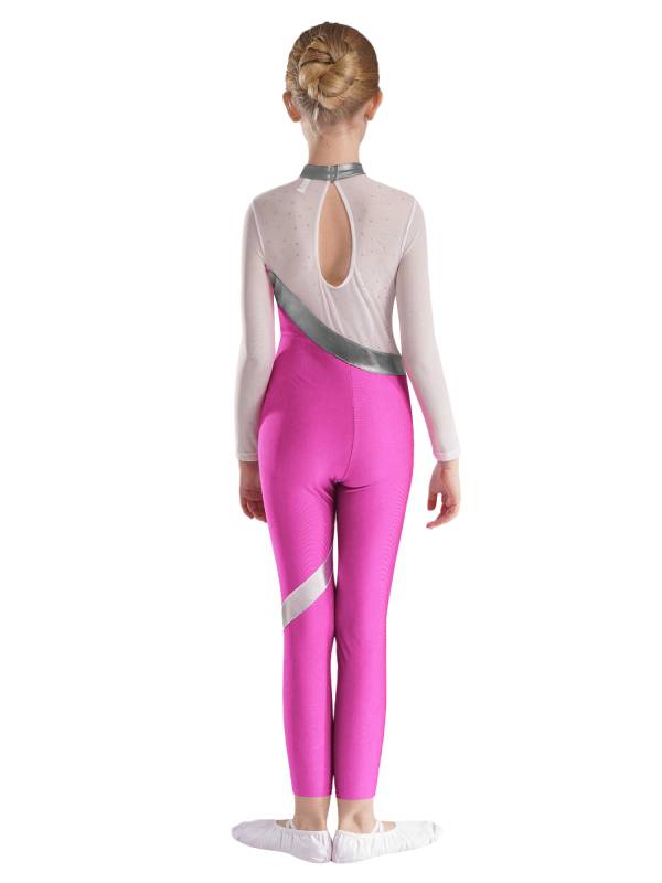 Kids Girls Long Sleeve Metallic Rhinestones Jumpsuit for Gymnastics Skating thumb