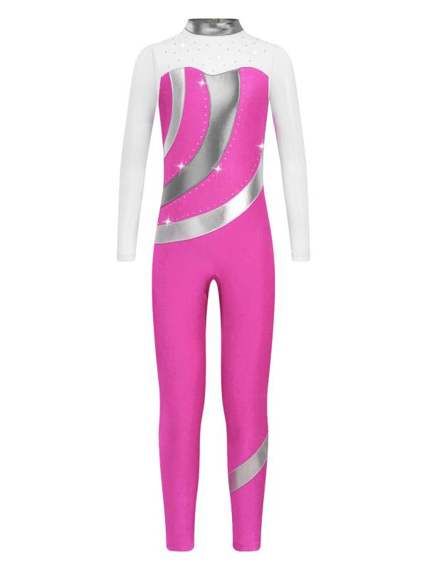Kids Girls Long Sleeve Metallic Rhinestones Jumpsuit for Gymnastics Skating thumb