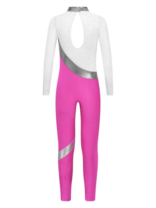 Kids Girls Long Sleeve Metallic Rhinestones Jumpsuit for Gymnastics Skating thumb