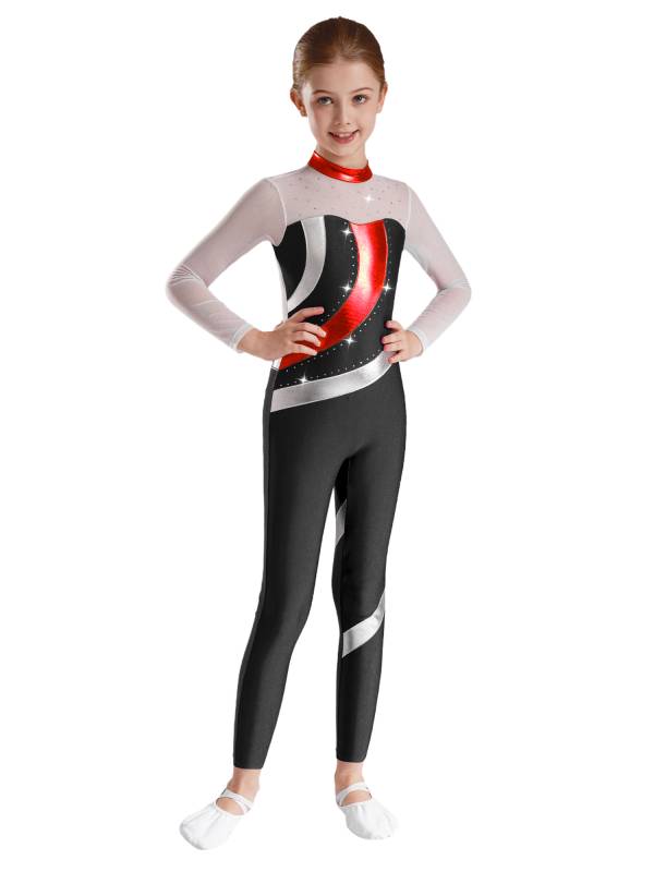 Kids Girls Long Sleeve Metallic Rhinestones Jumpsuit for Gymnastics Skating thumb
