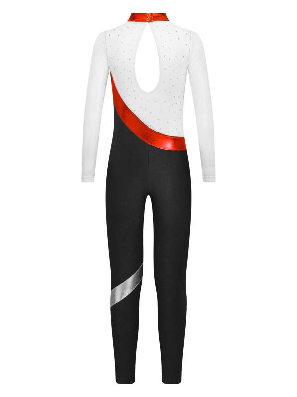 Kids Girls Long Sleeve Metallic Rhinestones Jumpsuit for Gymnastics Skating thumb